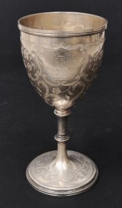 Lot 166 - c1869 Hallmarked Sterling Silver engraved Goblet Trophy - 8 Round Boxi