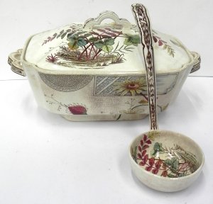 Lot 168 - 1880s Aesthetic Movement twin handle lidded Soup Tureen with ladle and