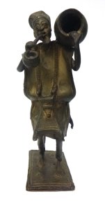 Lot 175 - African bronze figure Man smoking a pipe carrying a vessel - 24cm H