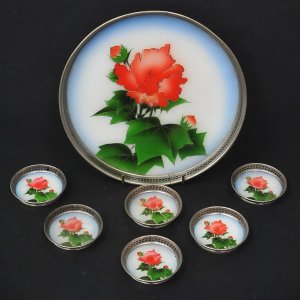 Lot 194 - Vintage 7 pce Glass & Metal Circular Tray & Coasters, Reverse