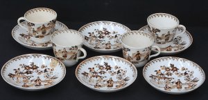Lot 200 - Mid 1800s Staffordshire 4 cups and 6 saucers, brown Chinoiserie with i