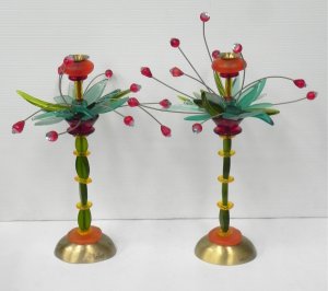 Lot 218 - Pair of Orna Lalo Tropical Flower Candlesticks - Metal bases, column &