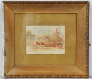 Hal Waugh (180 - 1941) Gilt framed Watercolour - The Logging Team - signed &