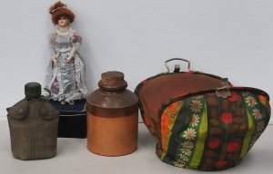 Mixed Group lot inc Military Water Flask with canvas cover, Late 1800s Stoneware