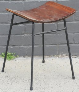 Vintage Stool w Concave Wooden Seat & Tubular Metal Legs - Approx 48cm H