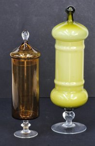 2 pces Mid Century Empoli Glass Lidded Jars - Both with clear stems - Opalescent
