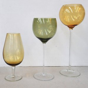 3 pces Mid Century Glass Goblets - Clear Stems - two with oversized stems, 2 x