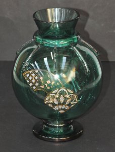 1930s Moser Teal Glass Hand painted Vase - Applied glass tendrils from neck - Pe