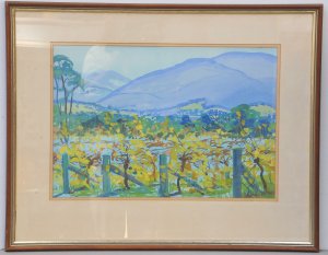 Artist Unknown (Jan) Framed Gouache - Colourful Landscape with Mountains - signe