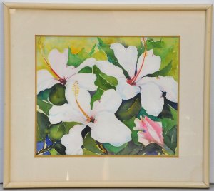 Beryl Martin (1925 - ) Framed Watercolour - Hibiscus - signed lower left - 27x32