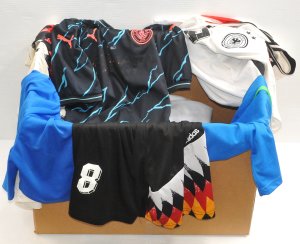 Box lot of Modern Junior Two-Piece Soccer Uniforms incl Barcelona, Manchester Ci