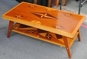 Mid Century Pine Coffee Table with lower shelf - Geometric inlay with various na