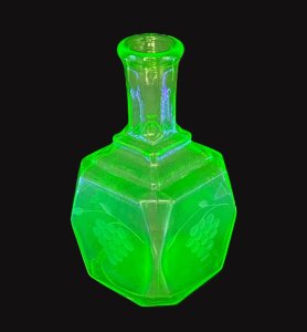 Vintage 1930s Anchor Hocking Uranium Glass Bottle - Etched Grape design to each