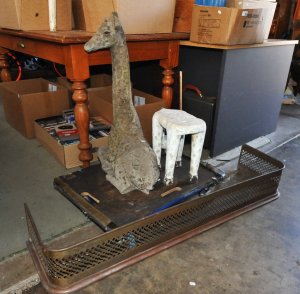 Vintage Brass Fire Fender & 2 x Outdoor Concrete Giraffe Figure's